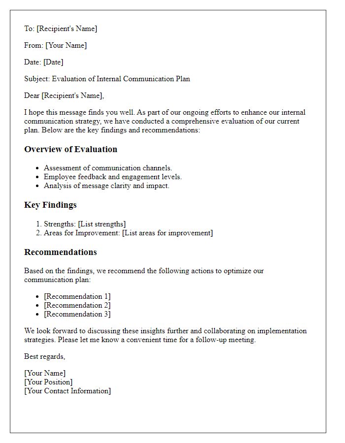 Letter template of internal communication plan evaluation