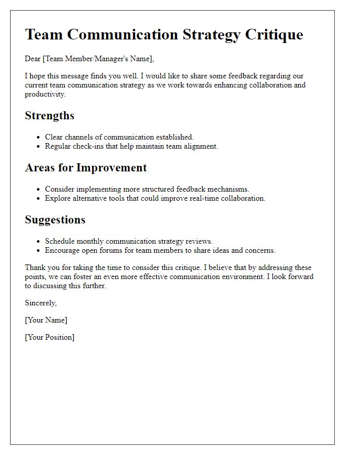 Letter template of team communication strategy critique