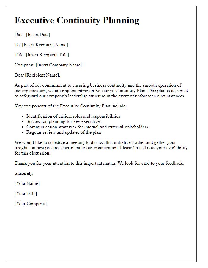 Letter template of executive continuity planning