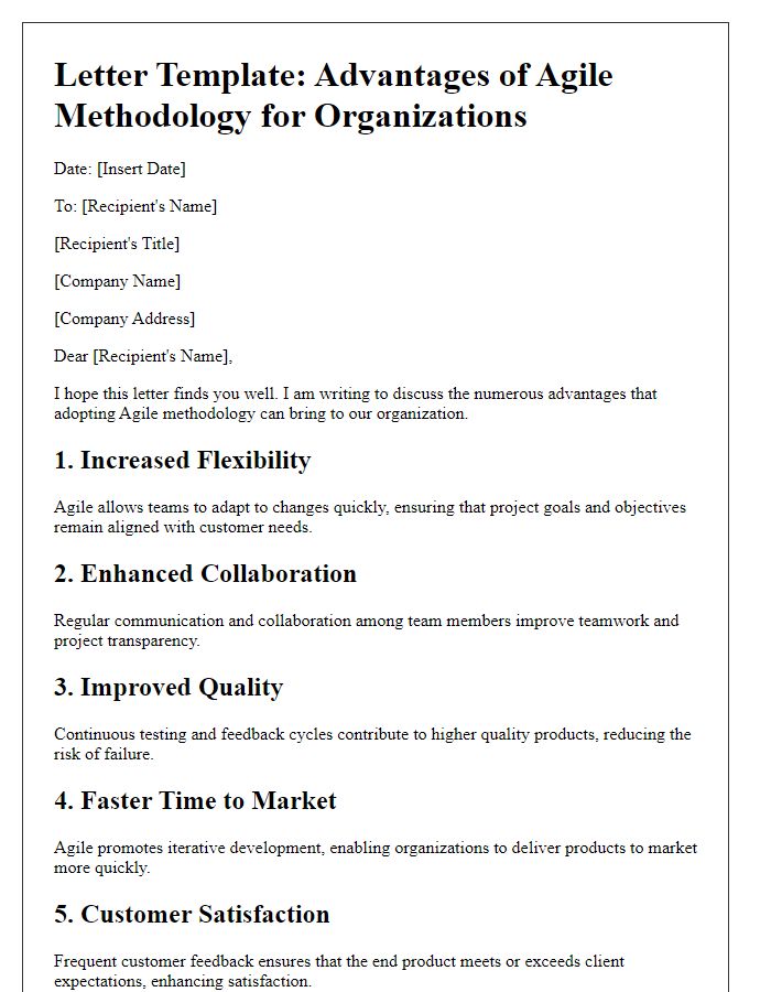 Letter template of Advantages of Agile Methodology for Organizations