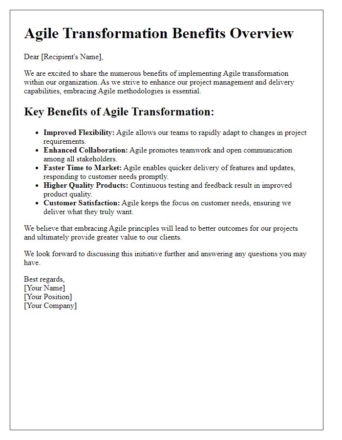 Letter template of Agile Transformation Benefits Overview