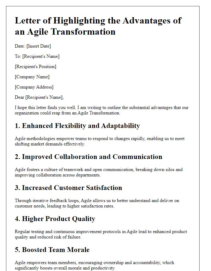 Letter template of Highlighting the Advantages of an Agile Transformation