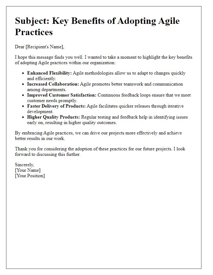 Letter template of Key Benefits of Adopting Agile Practices