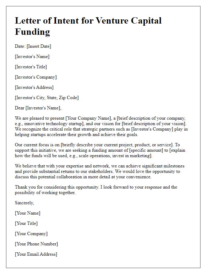 Letter template of communication for potential venture capital funding