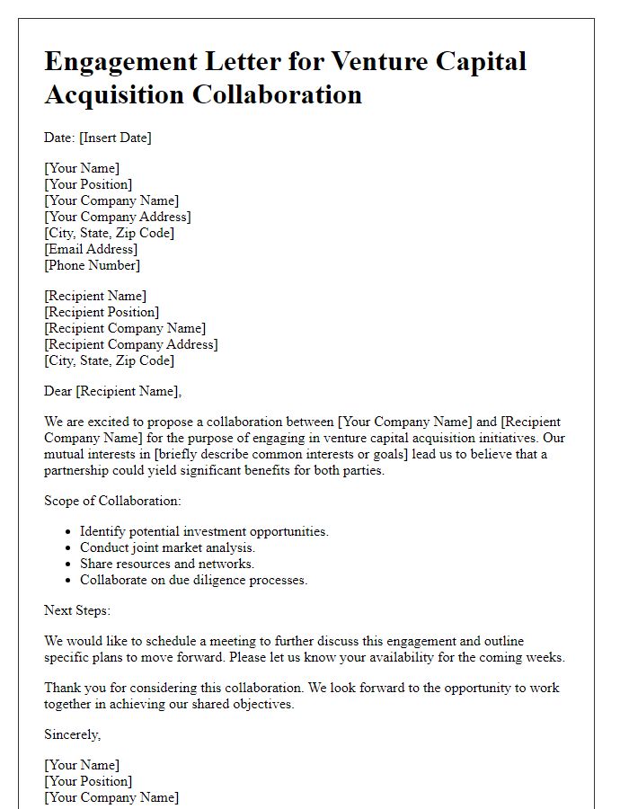 Letter template of engagement for venture capital acquisition collaboration