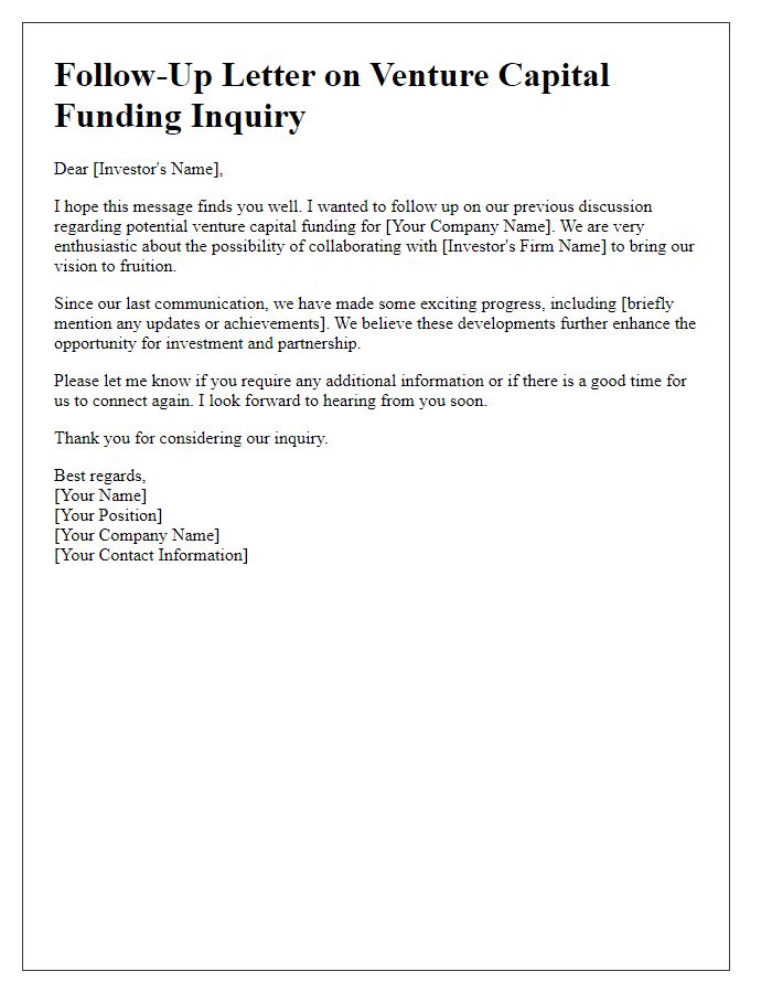 Letter template of follow-up regarding venture capital funding inquiry