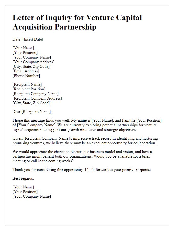 Letter template of inquiry for venture capital acquisition partnership