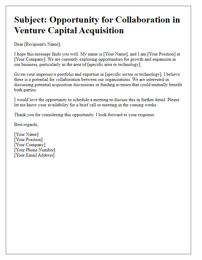 Letter template of outreach for venture capital acquisition discussions