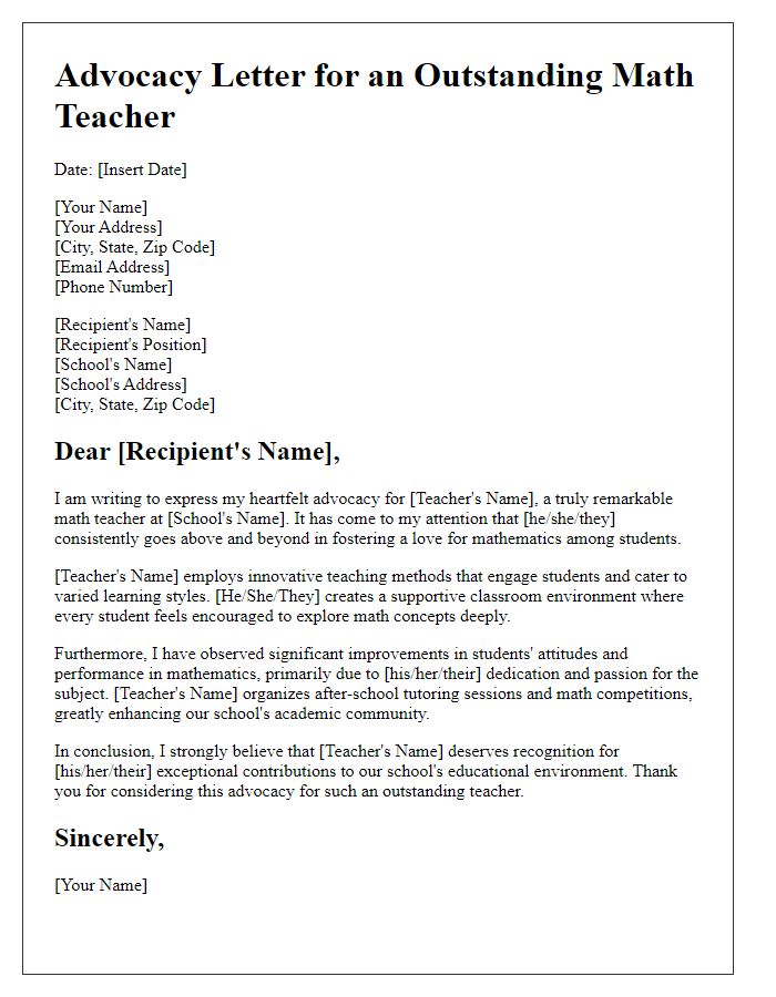 Letter template of advocacy for a remarkable math teacher