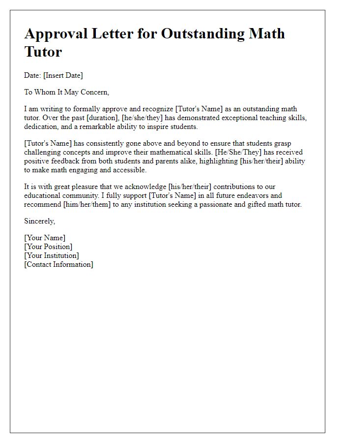 Letter template of approval for an outstanding math tutor