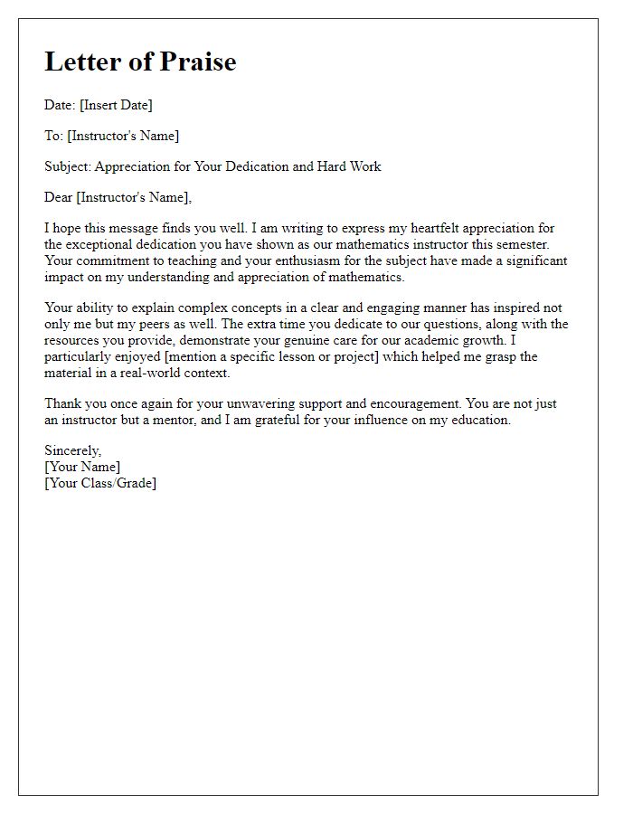 Letter template of praise for a dedicated mathematics instructor