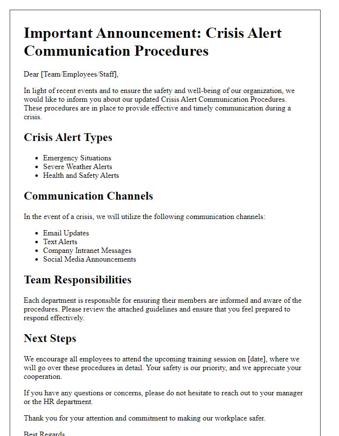 Letter template of crisis alert communication procedures announcement