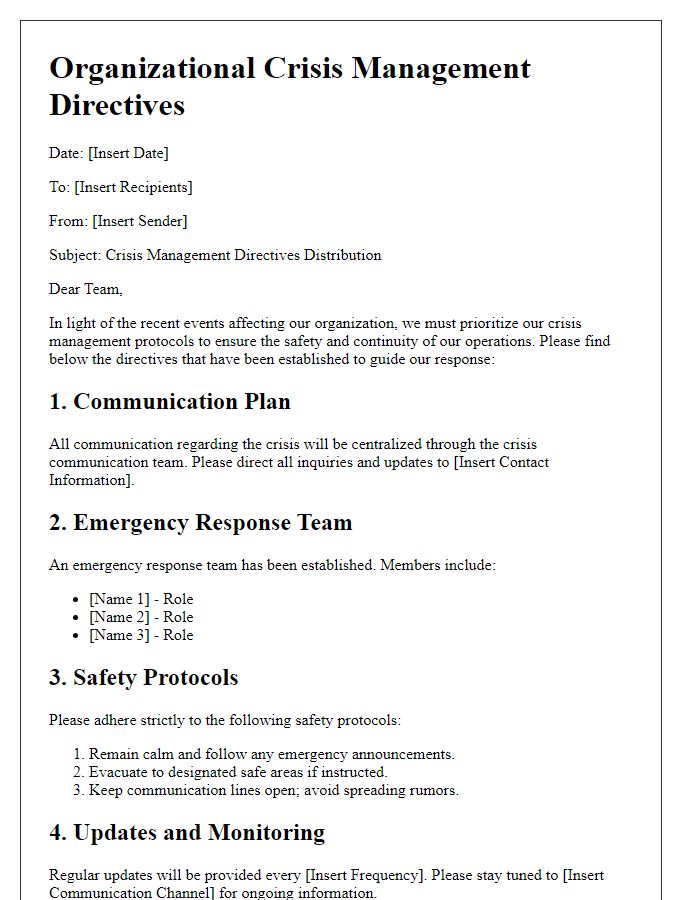 Letter template of organizational crisis management directives distribution