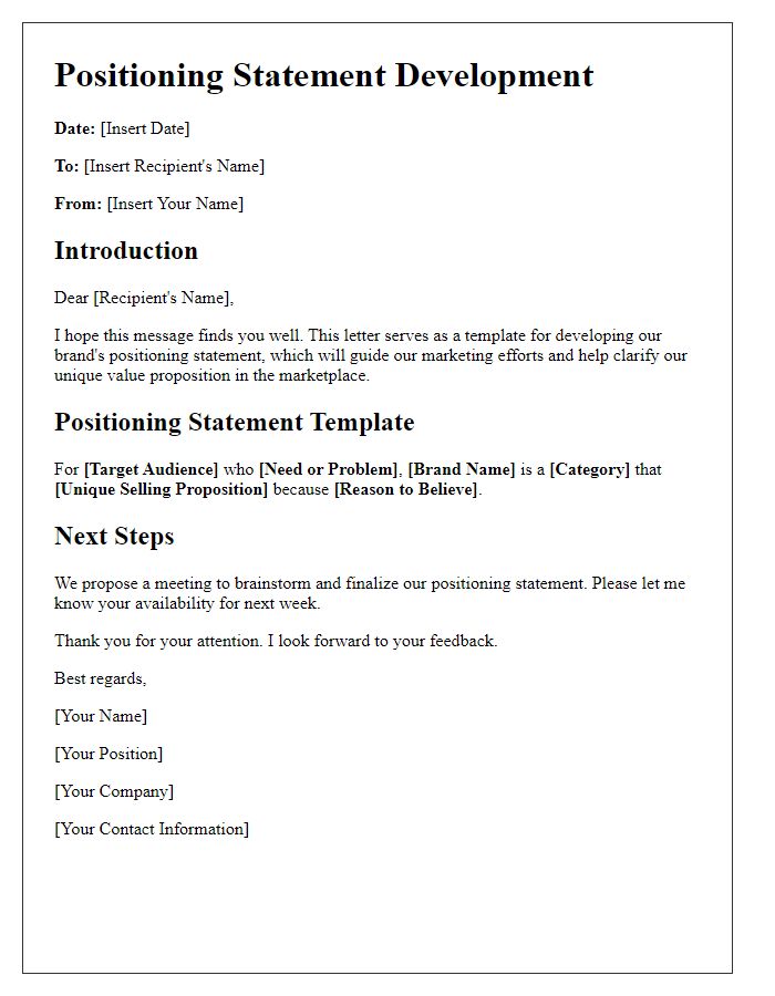 Letter template of positioning statement development