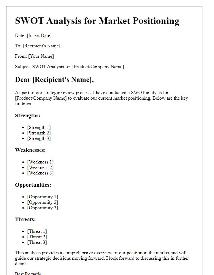 Letter template of SWOT analysis for market positioning