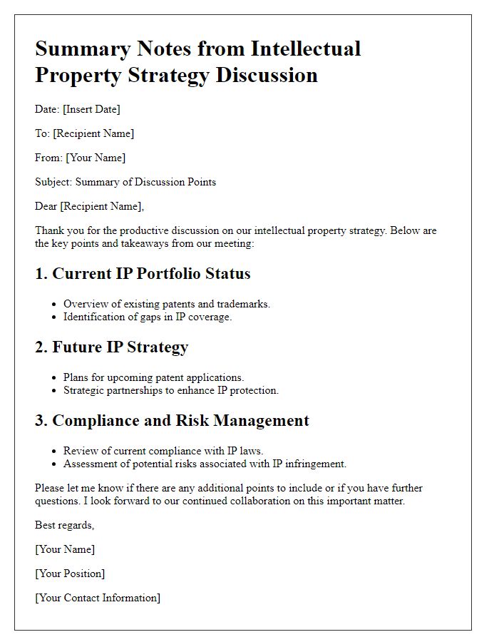 Letter template of summary notes from the intellectual property strategy discussion