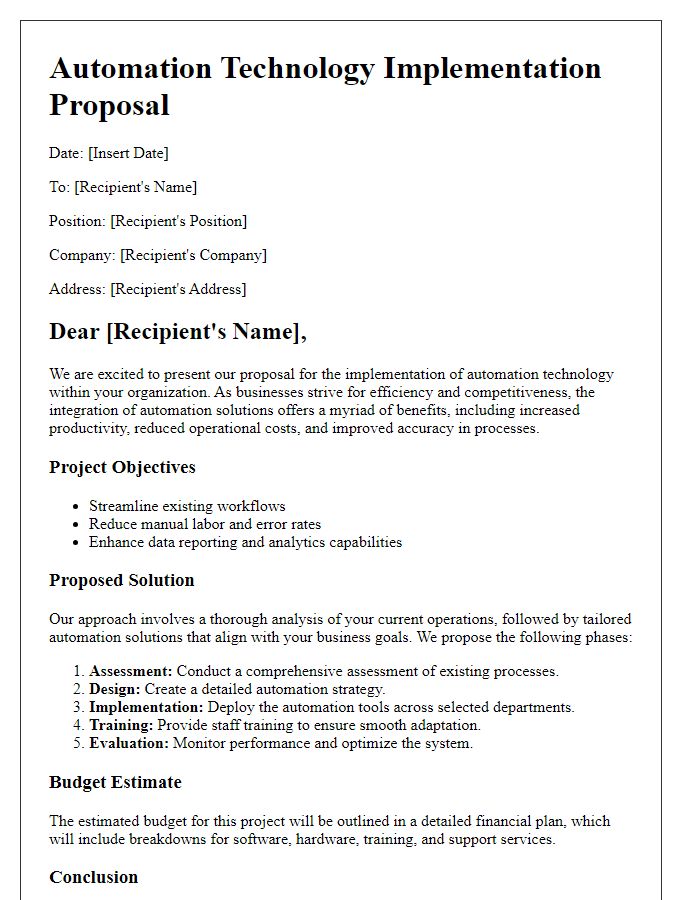 Letter template of automation technology implementation proposal