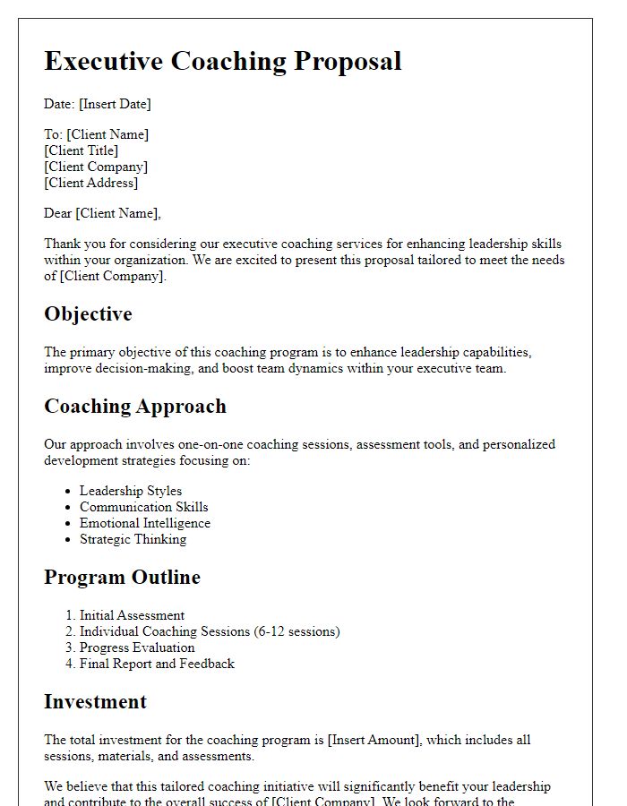 Letter template of executive coaching proposal for leadership enhancement