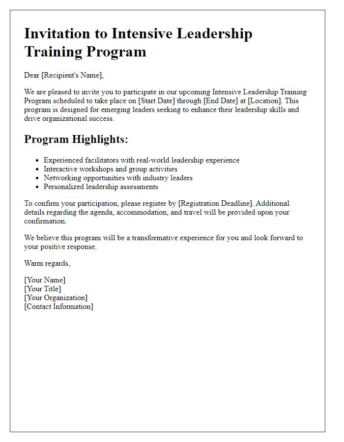 Letter template of intensive leadership training program