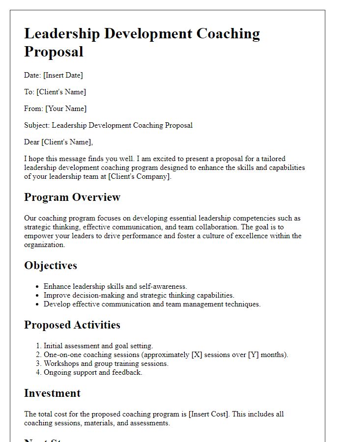 Letter template of leadership development coaching proposal