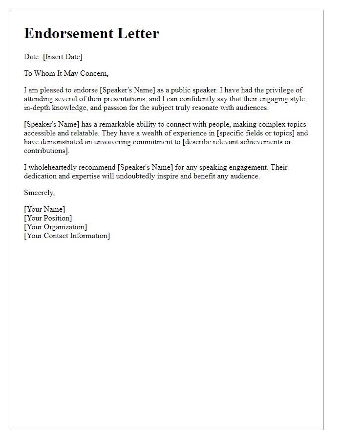 Letter template of endorsement for a public speaker