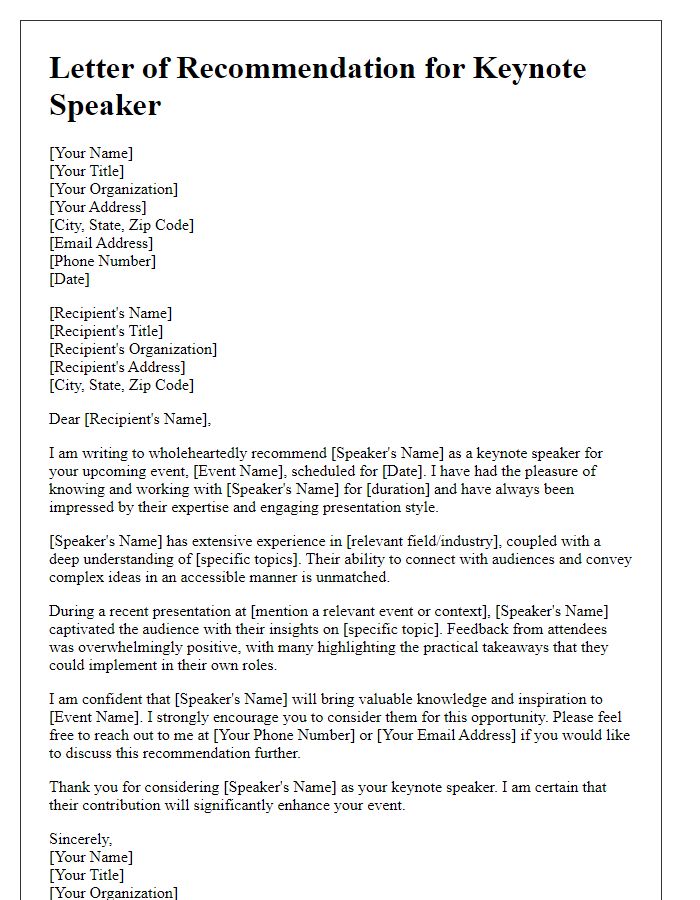 Letter template of recommendation for a keynote speaker