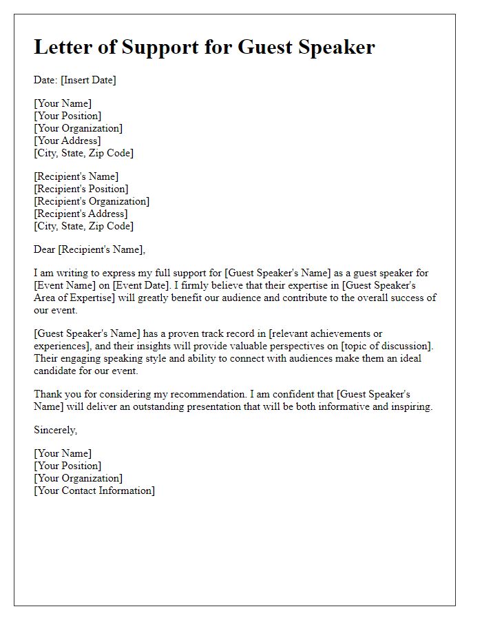 Letter template of support for a guest speaker