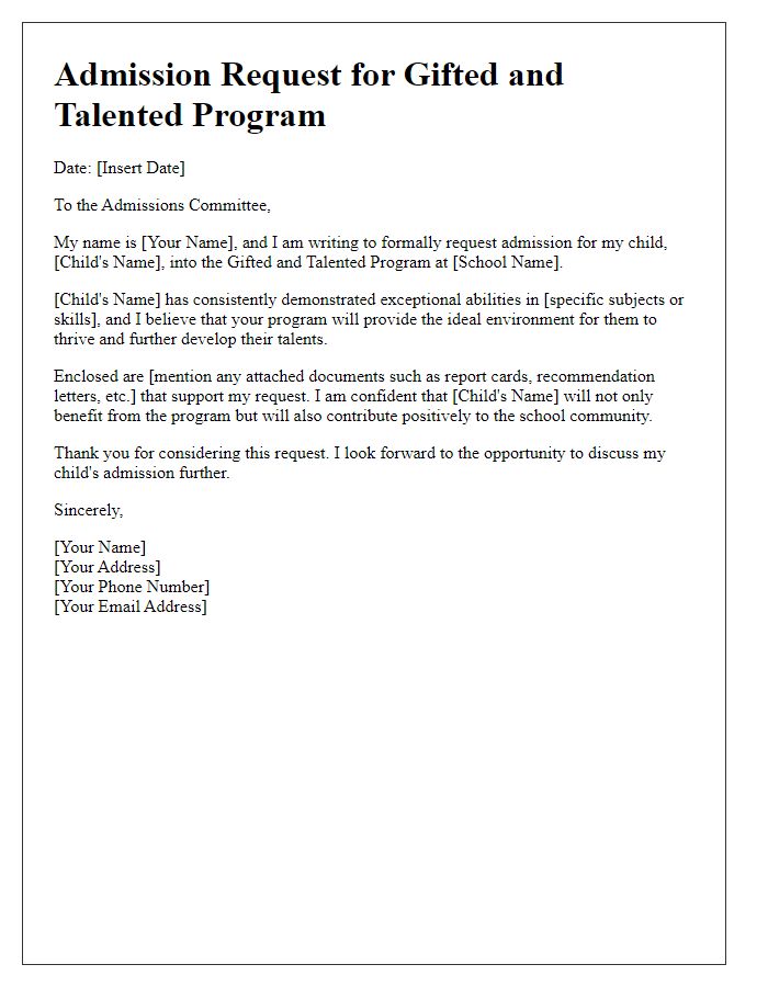 Letter template of school admission request for gifted and talented programs