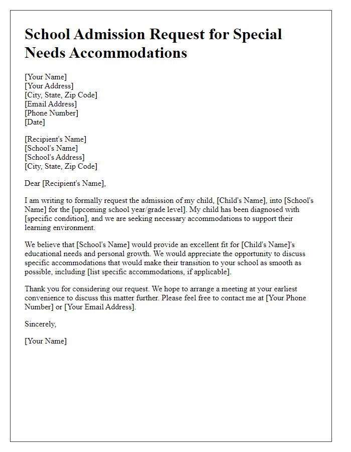 Letter template of school admission request for special needs accommodations