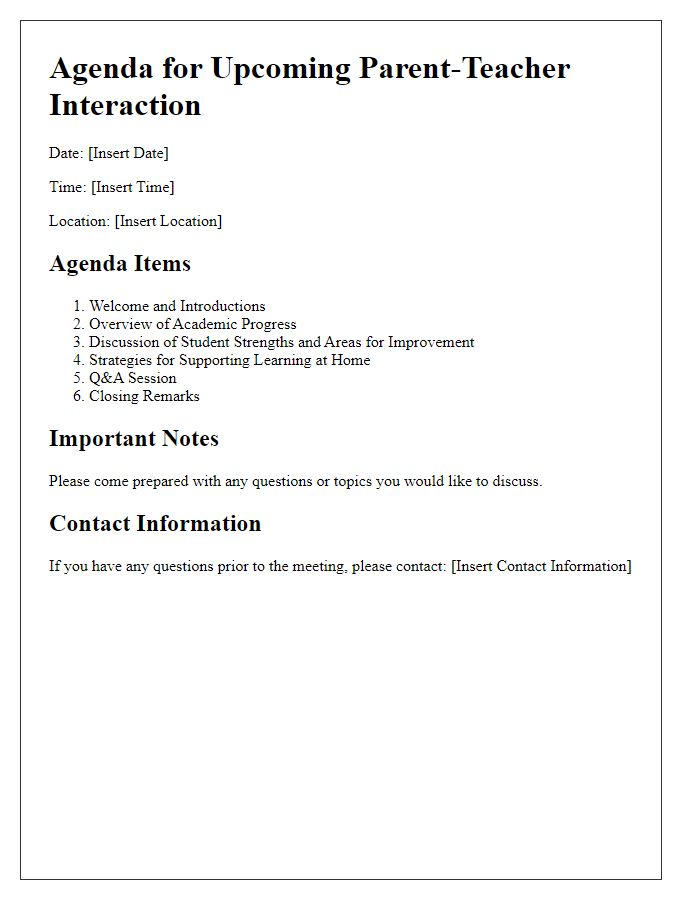 Letter template of agenda for upcoming parent-teacher interaction