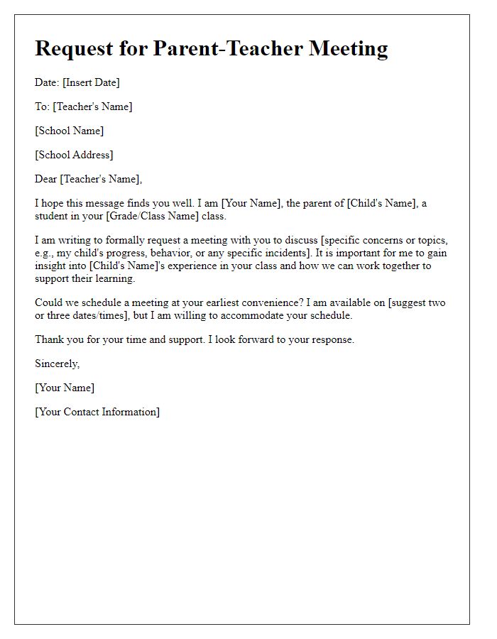 Letter template of formal request for parent-teacher meeting