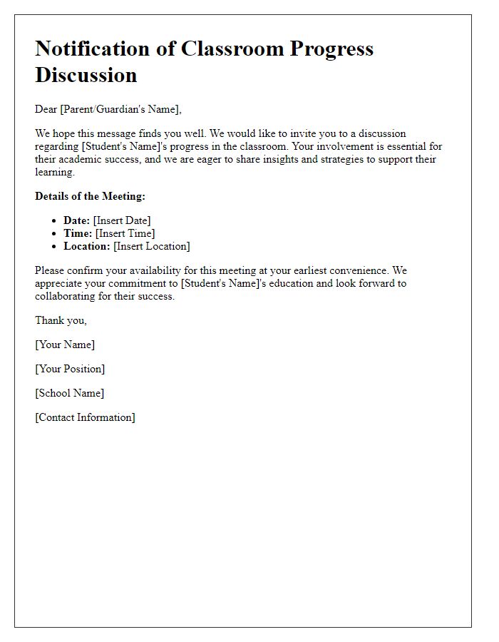 Letter template of notification for classroom progress discussion