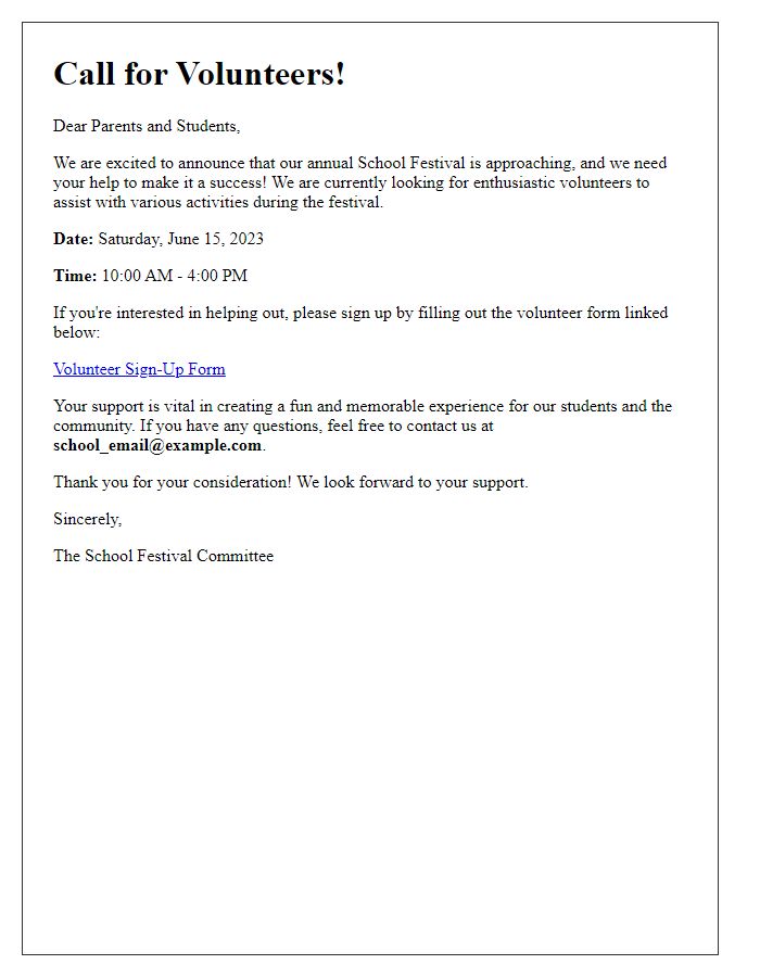 Letter template of call for volunteers for school festival