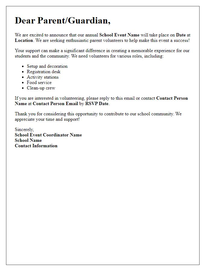 Letter template of notification for parent volunteers at school event