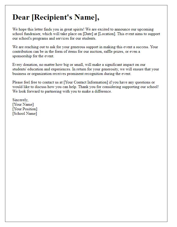 Letter template of solicitation for help at school fundraiser