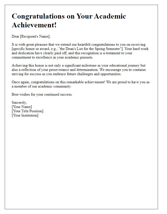 Letter template of academic honor congratulation