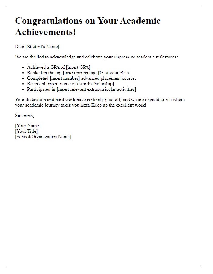 Letter template of students' impressive academic milestones