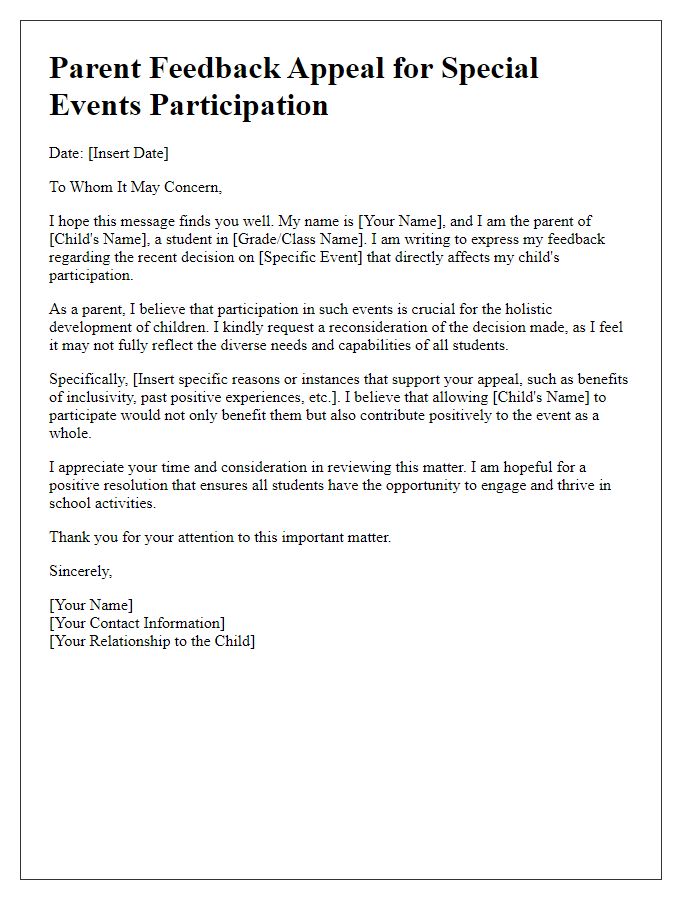 Letter template of Parent Feedback Appeal for Special Events Participation