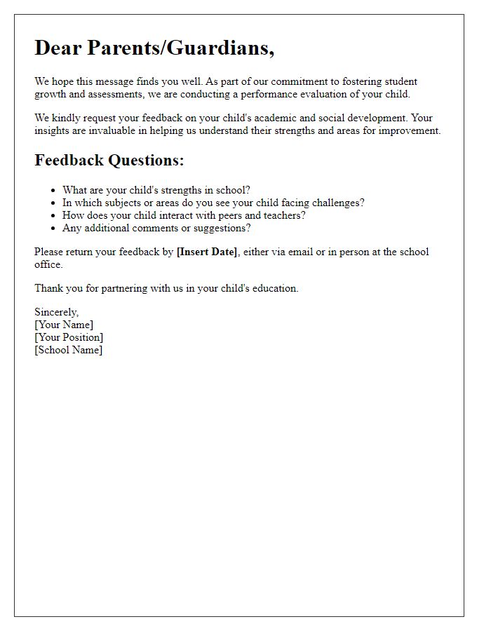 Letter template of Parent Feedback Collection for Student Performance Evaluation