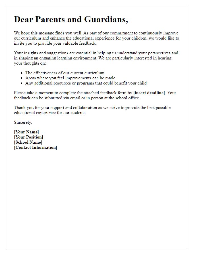 Letter template of Parent Feedback Invitation for Curriculum Enhancement