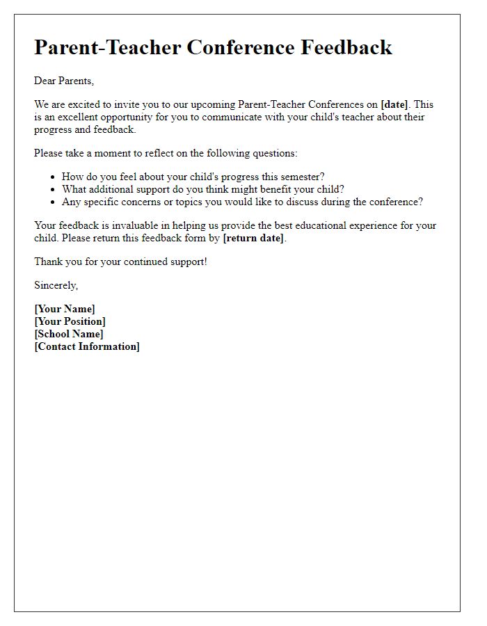 Letter template of Parent Feedback Outreach for Parent-Teacher Conferences