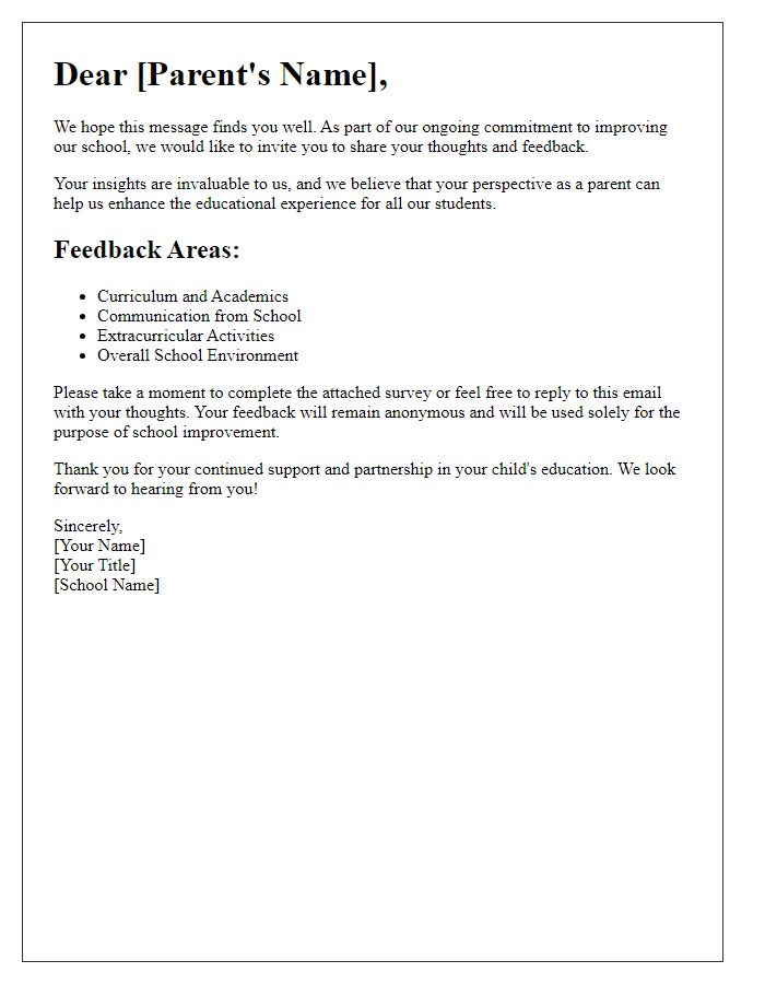 Letter template of Parent Feedback Request for School Improvement