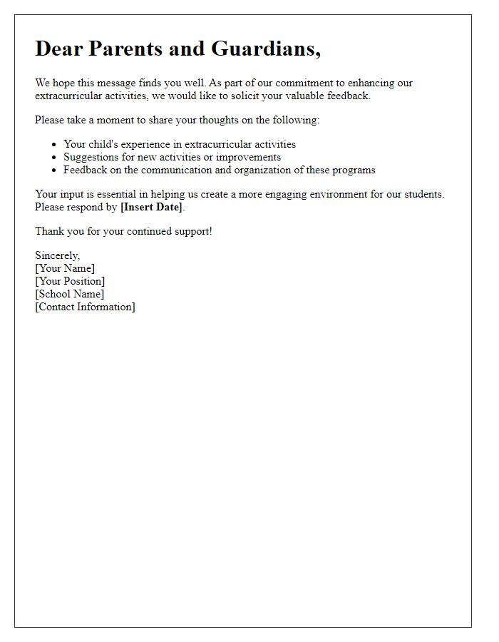 Letter template of Parent Feedback Solicitation for Extracurricular Activities