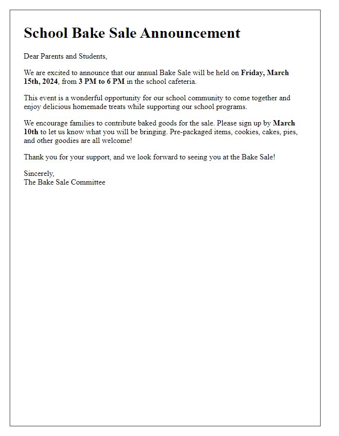 Letter template of school bake sale announcement