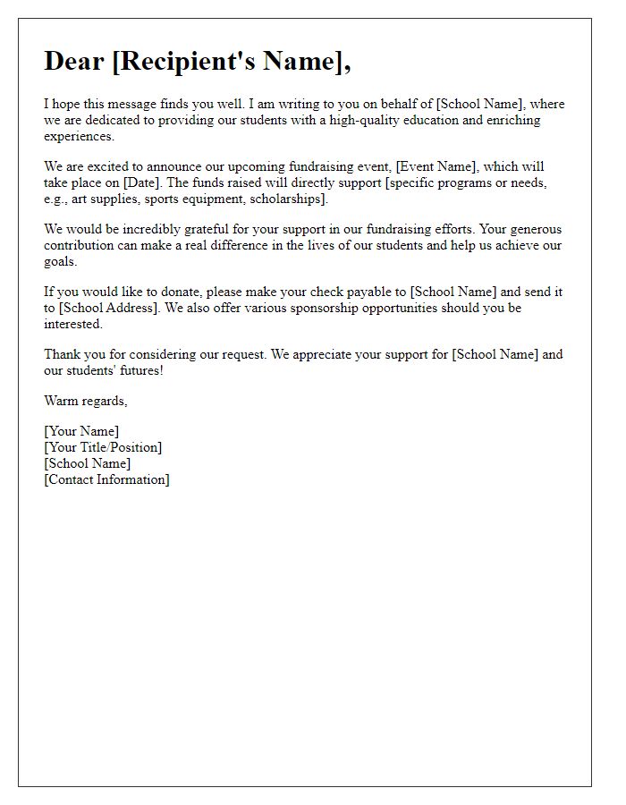 Letter template of school donation request for fundraiser