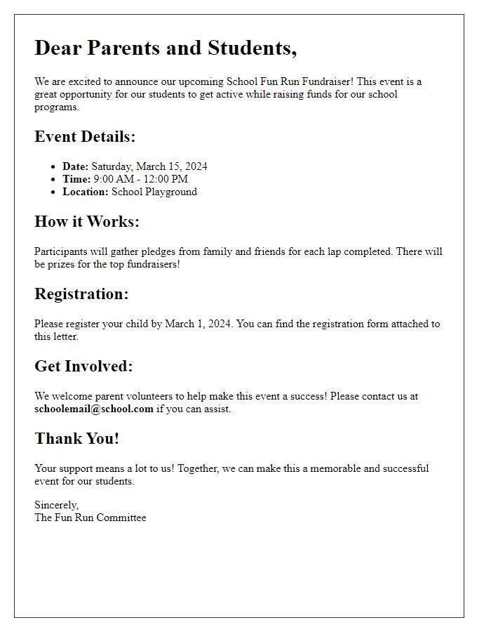 Letter template of school fun run fundraiser details