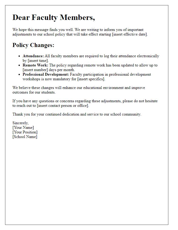 Letter template of school policy adjustment for faculty members.