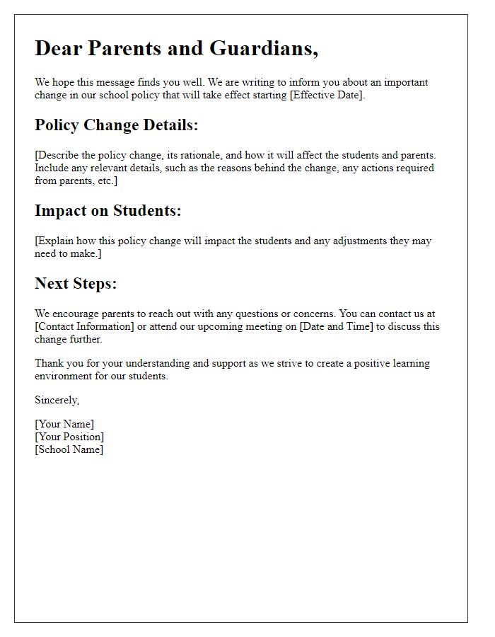 Letter template of school policy change notification to parents.