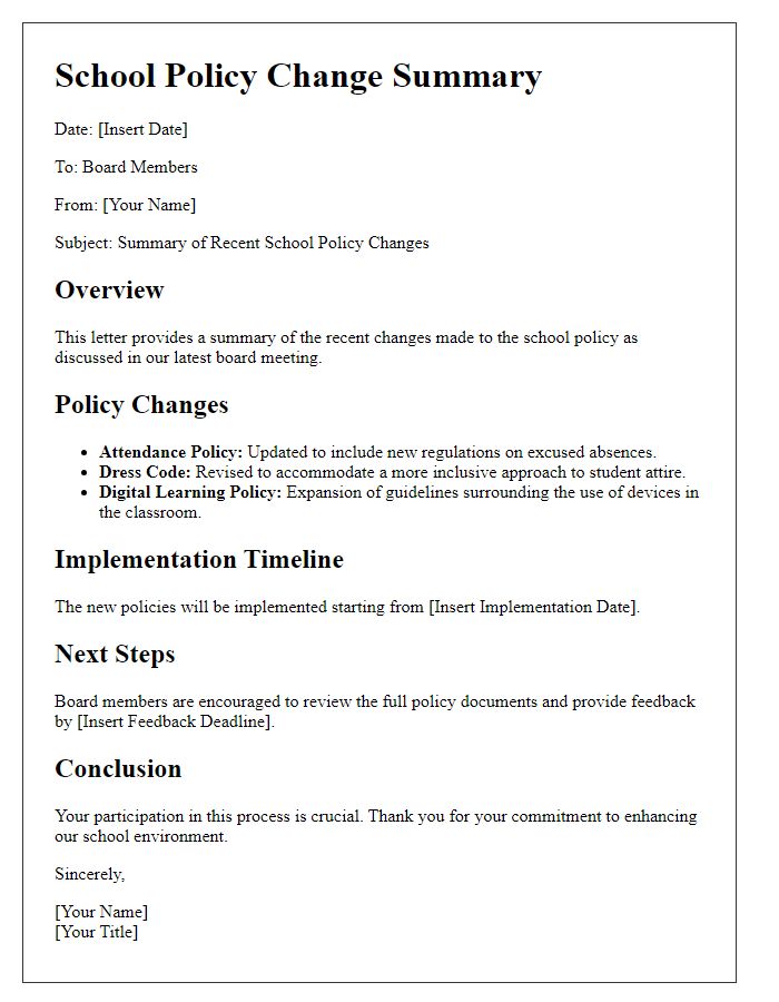 Letter template of school policy change summary for board members.