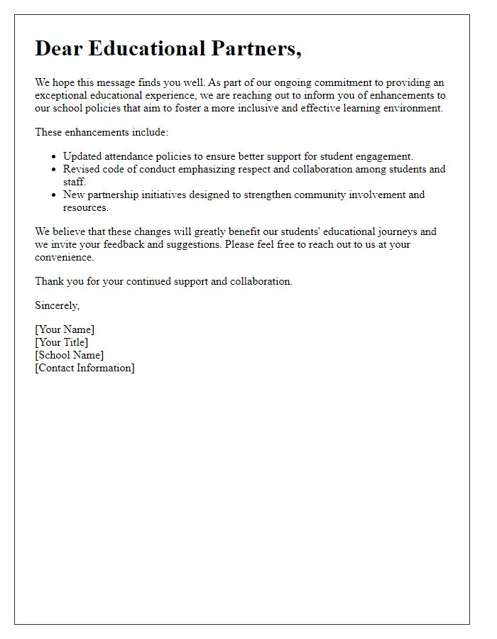 Letter template of school policy enhancement for educational partners.